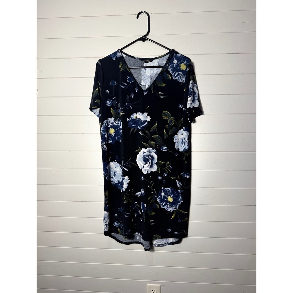 Christian Siriano Womens Floral V-Neck Shift Dress Black Blue Size Large